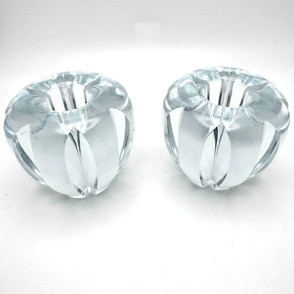 Orrefors Heavy Fluted Crystal Tapered Candle Holders Vtg Sweden Signed